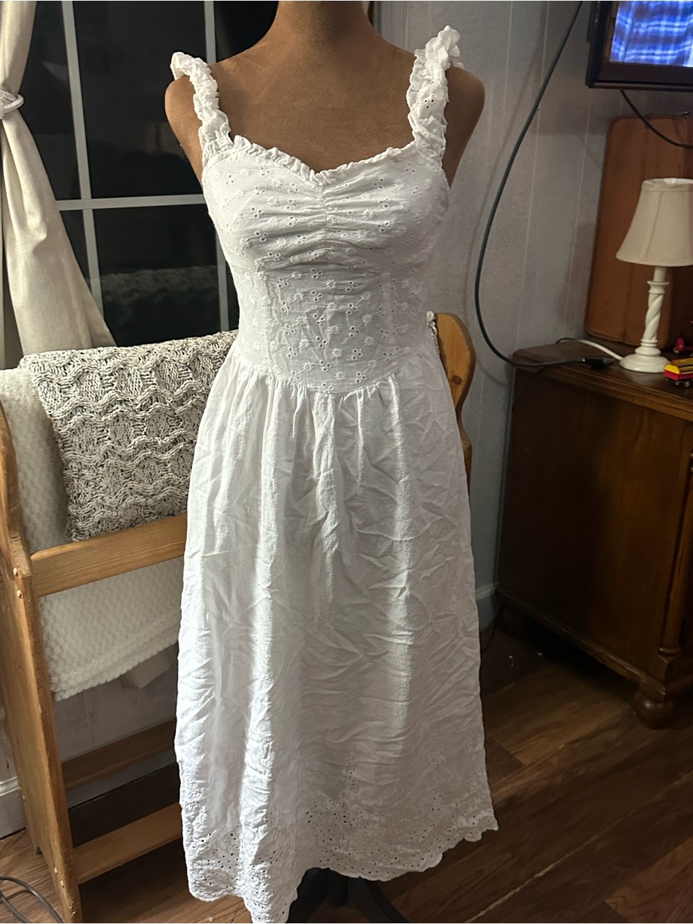 CIDER XS White Eyelet Midi Dress Ruched Bust Ruffle Strap Cottagecore Coquette